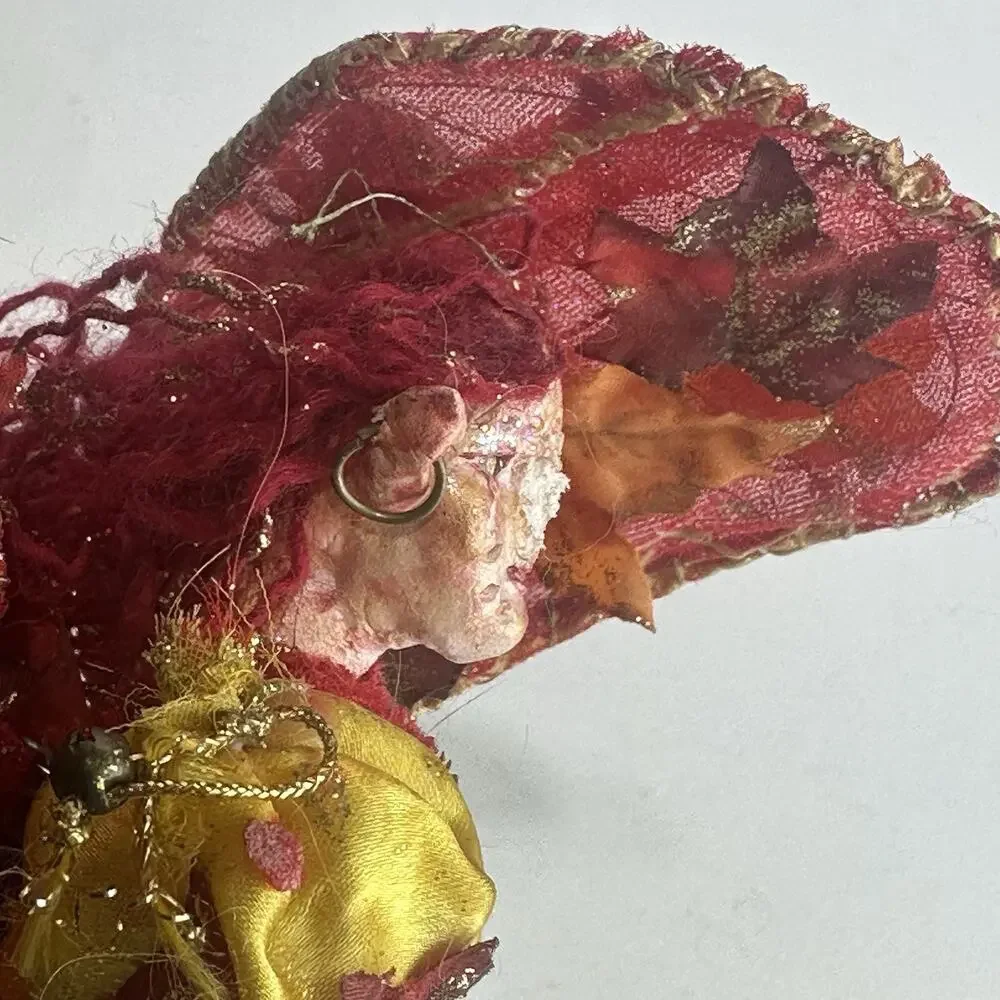 Handmade Fairy Art Doll Red Gold Leaves Wings Whimsical Pixie Fantasy Damaged
